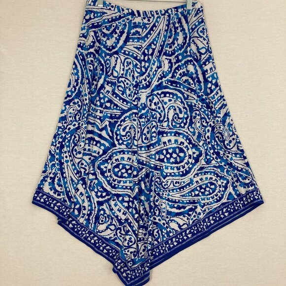 Chico’s Blue White Artsy Print Asymmetric Hem Coastal Stretch Skirt Large/2 - Picture 7 of 8